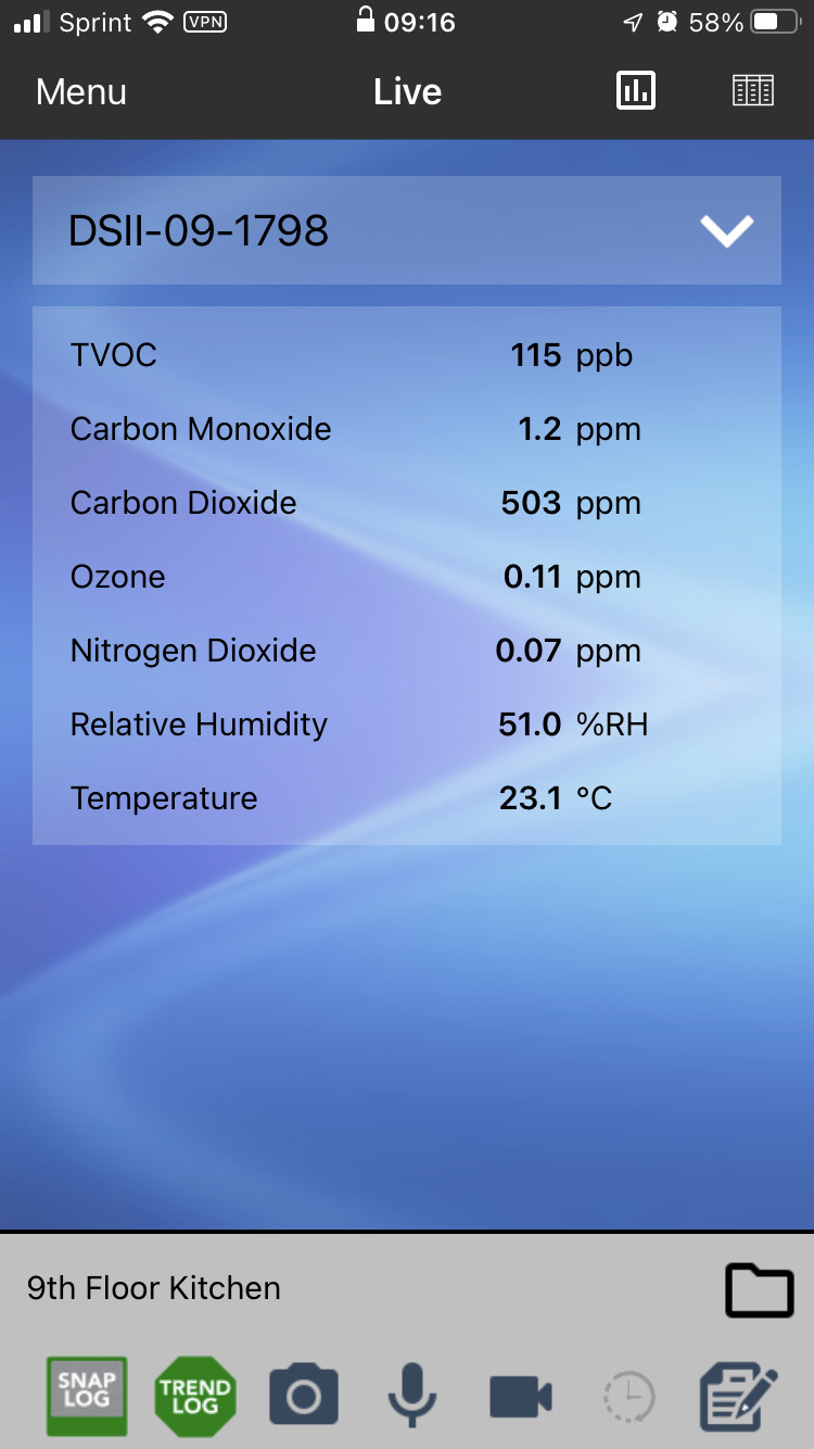 WolfSense Mobile live readings screen
